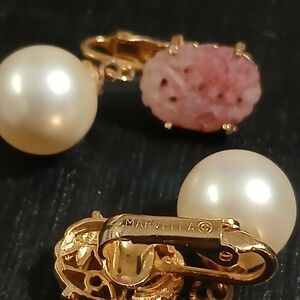 MARELLA Pink Carved Stone and Pearl Gold-Tone Clip Earrings